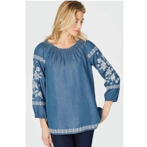 J. Jill Tops - J. Jill Denim Chambray Embroidered Tunic Top Size XL Shirt Blouse Boho Peasant